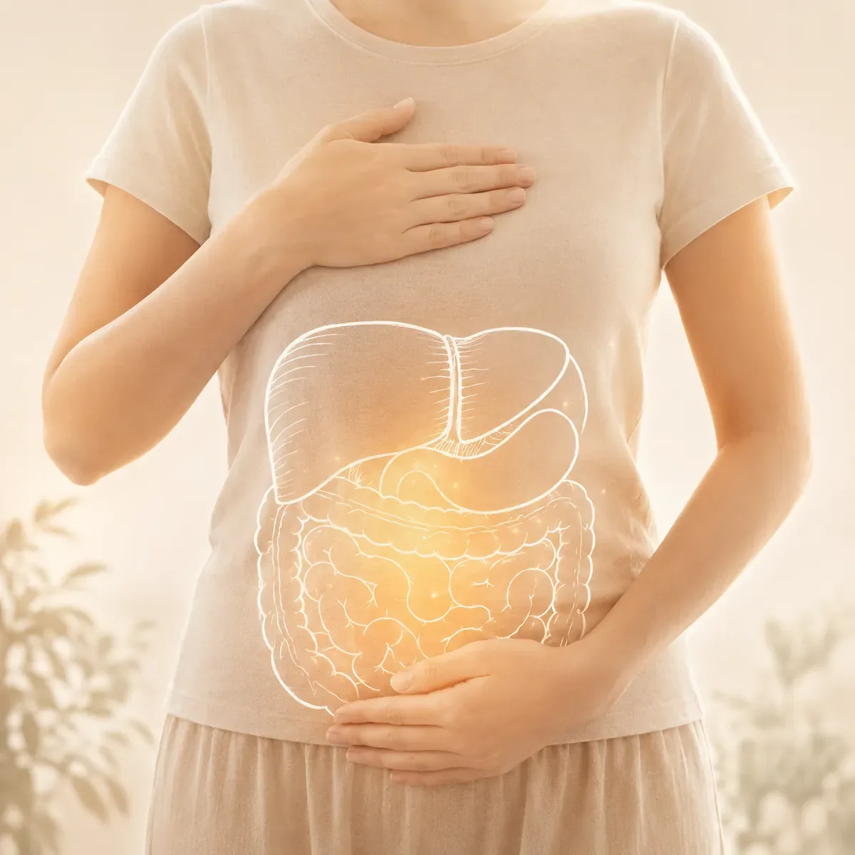 Hands resting on the stomach with the digestive system illustrated
